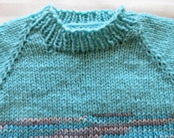 New Sweater Hat Set - Twleve Month Baby Hand Knit Aqua Blue - New Baby Shower Gift - Hand Made in USA Item 5388