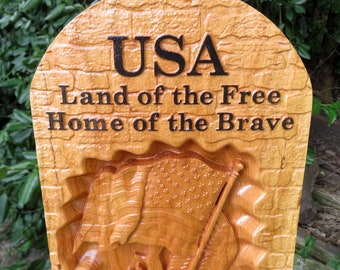 Land of the Free Home of the Brave - 3 Dimensional Engraved Curly Cherry Wood Wall Art Gift - 16"x7.45"x0.9" Hand Crafted Ohio USA Item 5439