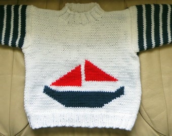 New My Little Sailboat Hand Knit Nautical Sweater - Child Size 4 to 5 - Red White Blue Slipover Sweater Jumper - Hand Made USA Item 3010