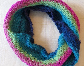 Mobius Infinity Scarf - Hand Crocheted Unisex Cowl Scarf - 38" x 15" - Pinks Greens Blues - Soft Circle Scarf - Designed Made USA Item 5461