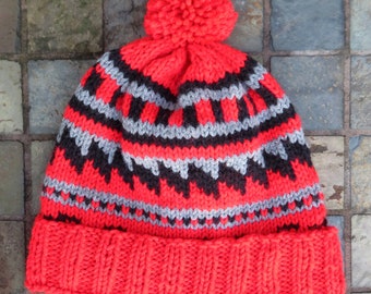 Nordic Hand Knit Scandinavian Intarsia Red Black Gray Pom Pom - 22"-25" Fits Most - Toboggan Slouch Hat Designed Made USA Item 5483