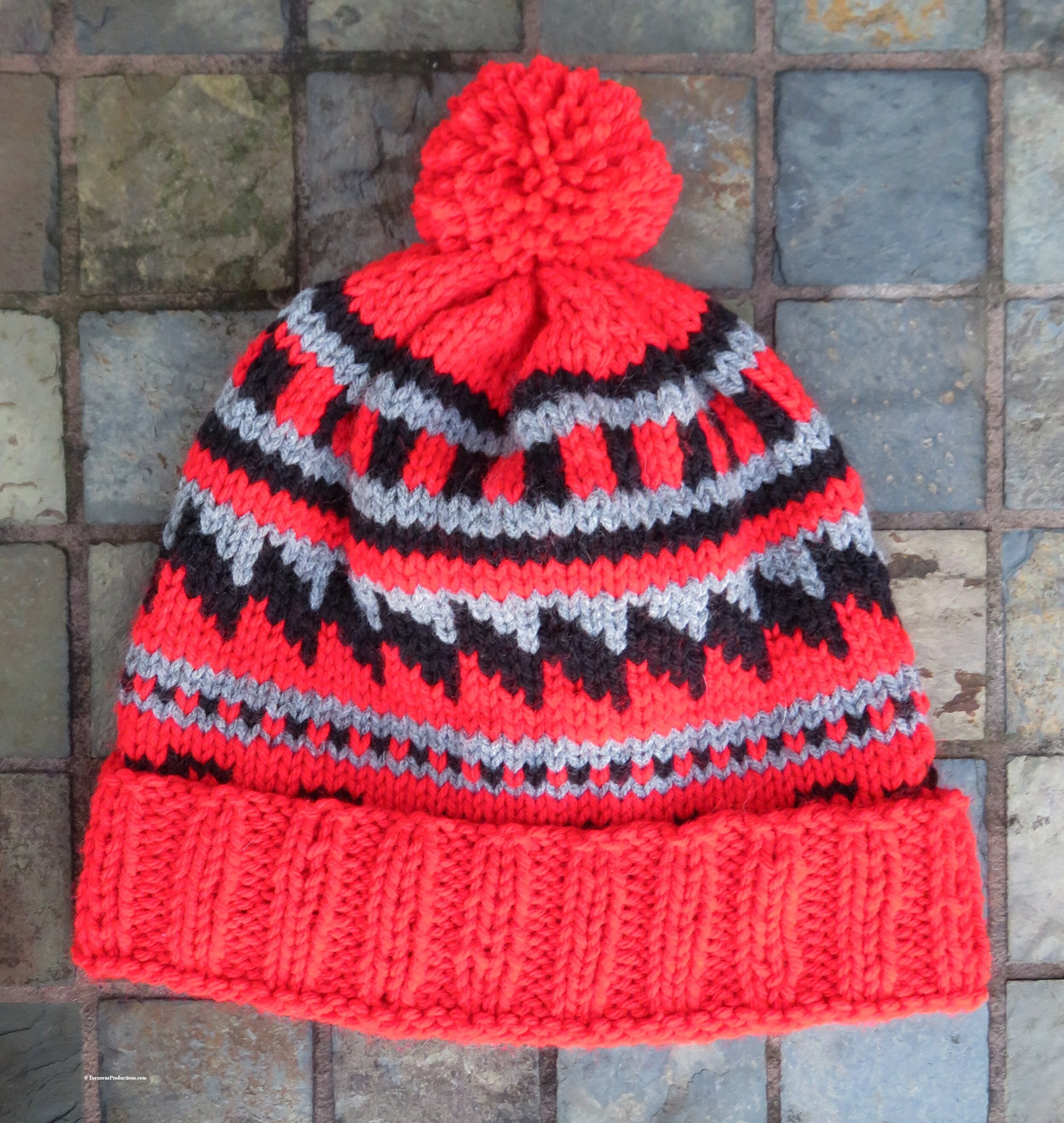 Nordic Hand Knit Scandinavian Intarsia Red Black Gray Pom Pom - 22"-25" Fits Most - Toboggan Slouch Hat Designed Made USA Item 5483