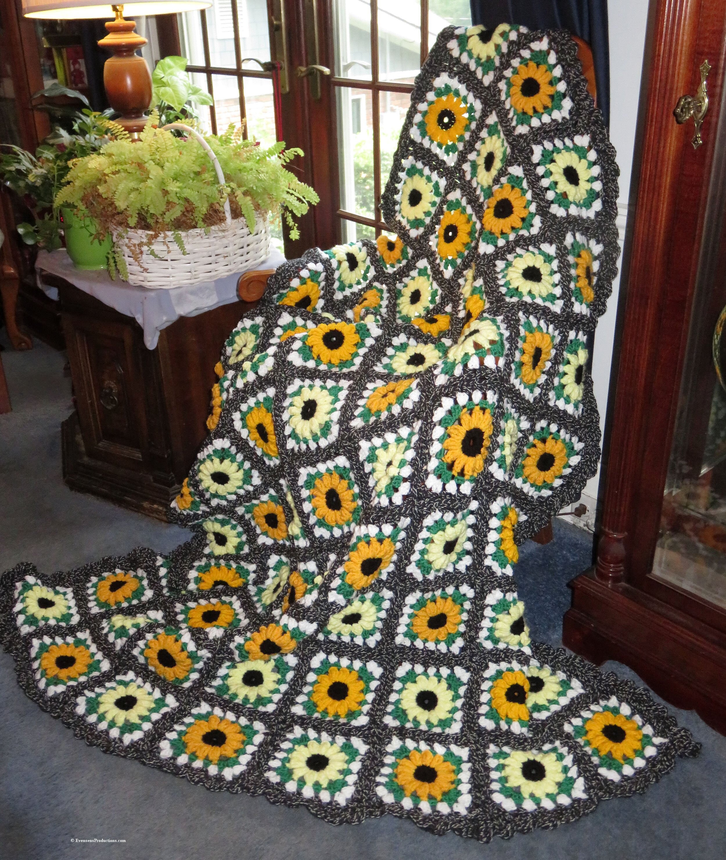 New Large Afghan Blanket - Yellow Raised Flowers on Green White Black - Couch Bed Recliner 70"x60" - Hand Crochet Made USA Item 6001