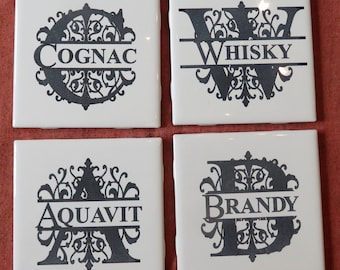 Engraved Tile Drink Coasters - Whisky Aquavit Cognac Brandy - 4.25"x4.25" - Set of Four - Gift Designed Hand Made Ohio USA - Item 5904