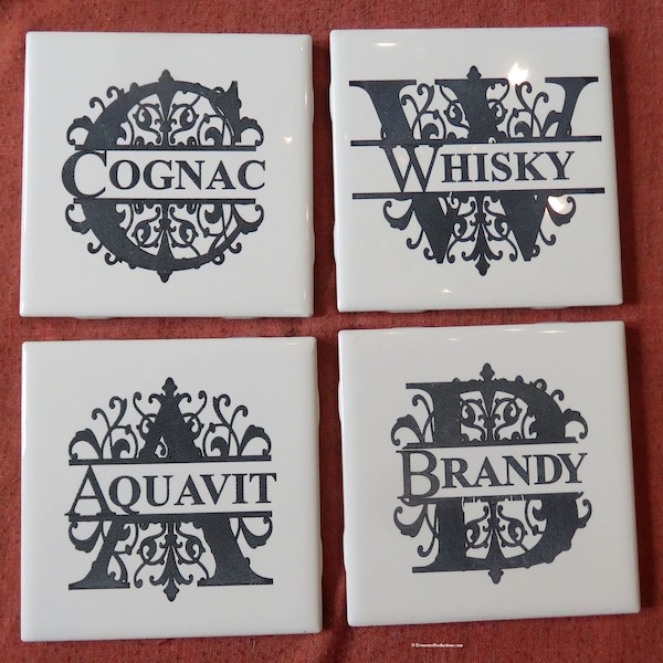 Engraved Tile Drink Coasters - Whisky Aquavit Cognac Brandy - 4.25"x4.25" - Set of Four - Gift Designed Hand Made Ohio USA - Item 5904