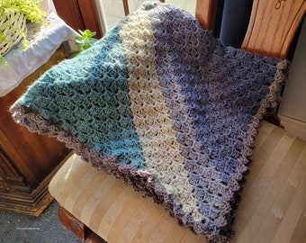 New Textured Lap Blanket - Soft Ocean Blues Elegant Comfort - 38" x 38" - Medium Weight - chair shawl - Hand Crocheted  Ohio USA Item 5717