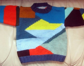 New Patchwork Sweater - Child 4-5 - Hand Knit Intarsia Design - Bright Colors Boy or Girl Sweater Jumper - Designed and Made USA Item 3015