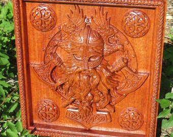 Odin Norse God - Mahogany Wood - 3D Engraved Wall or Table Decor - 11.75"x10.75"x1.45" - Made Ohio USA Item 5929