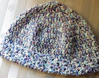Cloche Hat - Chemo Cap - 22-24" M - L  Adult - Turquoise Purple Off White Tweed Cotton Blend Crochet Seamans Sleeping - Made USA Item 5756