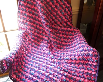 New Lap Blanket - Purple Pink Turquoise Hand Crochet - All Ages -Reading Chair Car Wheelchair Hospice - 42"x31" -Designed Made USA Item 5895