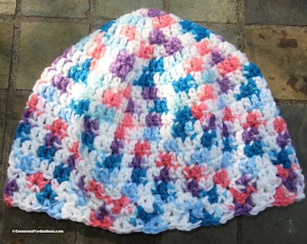 Cloche Hat - Chemo Cap - 22-24" M-L Adult - White Turquoise Pink Lavender Hand Crochet Dreaming Sleeping Bad Hair Day - Made USA Item 4878