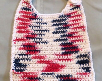 Bib with Pocket - Hand Crochet Washable Cotton Red White Blue - Button Closure - Designed Hand Made USA Item 5593