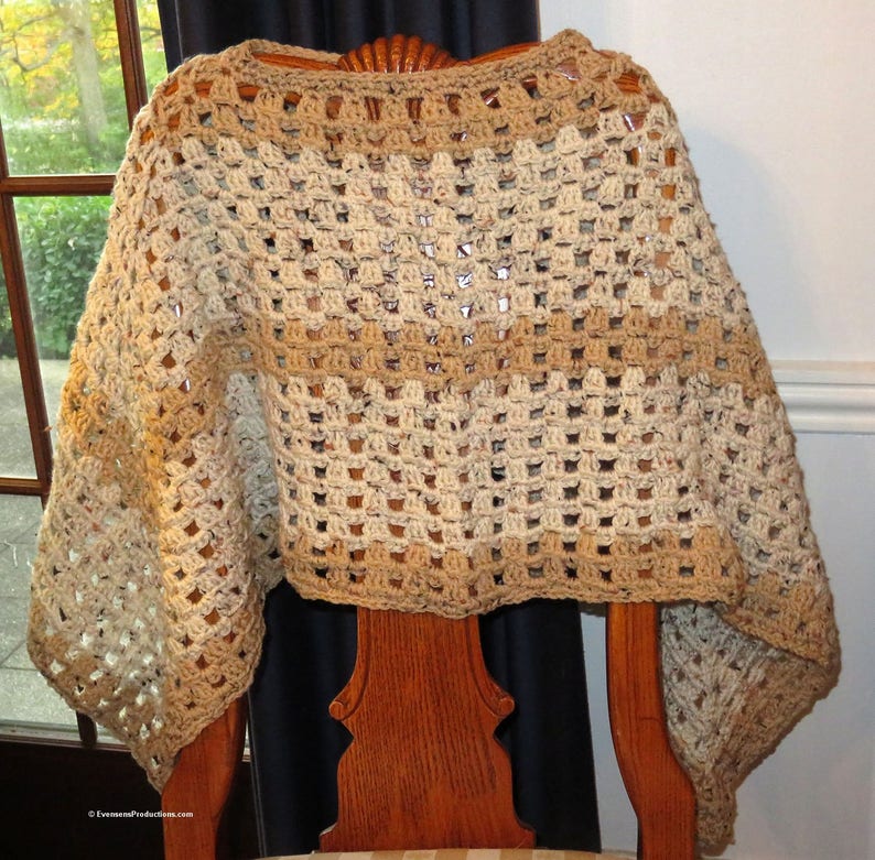 New Poncho - Beige and Tan Hand Crochet Preteen to Adult - Points Front and Back or Wrist to Wrist - Designed Hand Made in USA