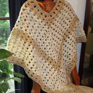 New Poncho - Beige and Tan Hand Crochet Preteen to Adult - Points Front and Back or Wrist to Wrist - Designed Hand Made in USA