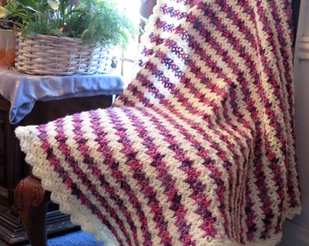 New Extra Large Lap Blanket - White Pink Lavender Purple Crocheted Blanket Scalloped Edge - 43" x 42" - Hand Made Ohio USA Item 5494