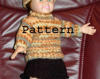 18 Inch Doll Knit Pattern - Sweater, Hat, Skirt 18" Easy Knit DIY Gift Pattern - Designed in USA Item 18007