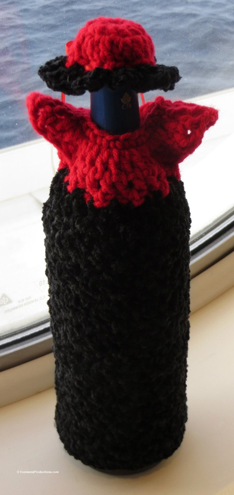 Wine Bottle Cover - Dress and Hat - Red and Black - Bottle Cozy Gift Bag Party Favor, Cincinnati Wedding Decor - Hand Made USA