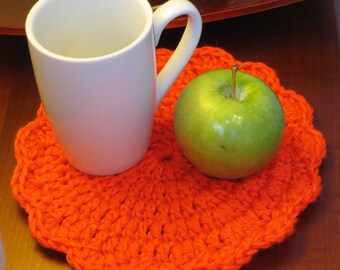 3 Mug Rugs Snack Mat Extra Large 8.5" Coasters - Orange Double Strand Crochet - Washable Non Allergic Acrylic - Gift Hand Made USA Item 4617