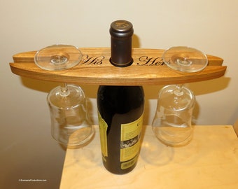Wine Bottle and Glass Holder - His Hers Engraved Cherry Wood - Wedding Fifth Anniversary Gift - Designed Hand Made USA Item 5134