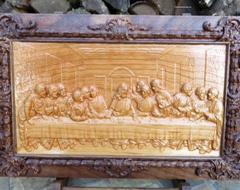 The Last Supper Framed - 3 Dimensional Engraved Cherry and Walnut Woods Wall Decor - 14.75"x9.5"x0.85" - Hand Crafted Ohio USA Item 5508