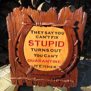 Can't Fix Stupid Funny Sign - 3D Engraved Walnut and Cherry Wood Wall Decor - 10.5" x 9.25" x 0.70"  Hand Crafted Ohio USA