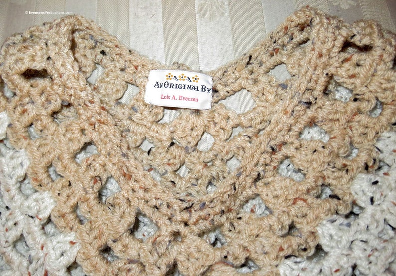 New Poncho - Beige and Tan Hand Crochet Preteen to Adult - Points Front and Back or Wrist to Wrist - Designed Hand Made in USA