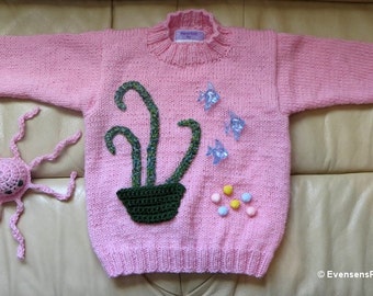 New Sweater and Octopus - Child 4 - 5 - Pink Hand Knit Under the Sea Fish Shells - Applique Basket Pocket - Designed Made in USA - Item 3029