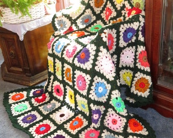 New Large Afghan Blanket - Flower Garden - Colorful Raised Crocheted Flowers Forest Green Border - Size 74"x62" - Made USA Item 5759