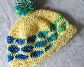 Hand Crocheted Hat - Yellow Turquoise Green - 24"-26" - Seamans Cap Style with Pom Pom Safety Color - Designed Hand Made USA Item 5577