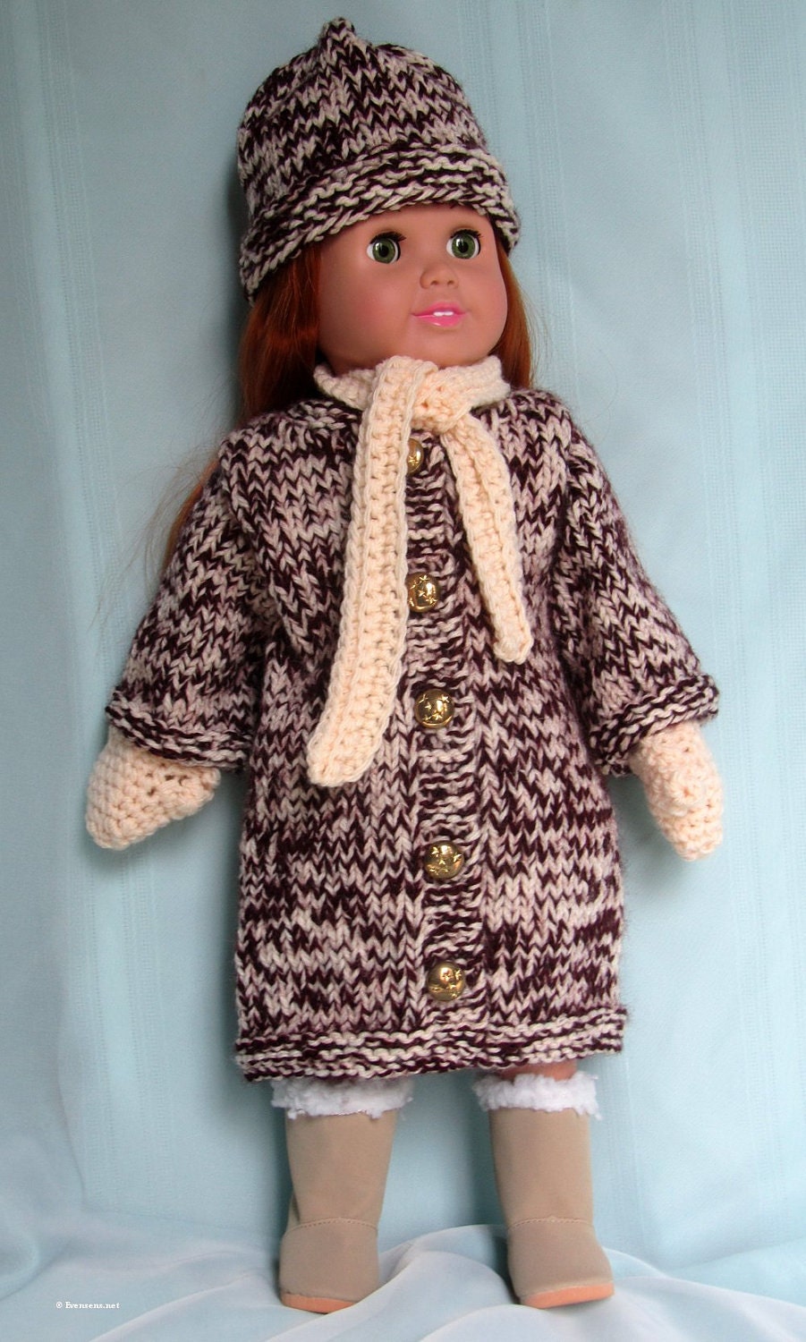 18 Inch Doll Brown Cream Tweed Coat Hat Mittens Scarf Original Hand ...