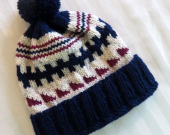 Nordic Hand Knit Intarsia Hat - Navy Blue White Red Wool Blend - 22"-26" Fits Most Adults - Toboggan Slouch Designed Made in USA Item 5755