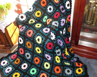 New Large Afghan Blanket - Stained Glass Design Colorful Crocheted Flowers - Couch Bed Fireplace Chair 72" x 58" - Hand Made USA Item 5842