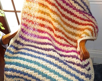 New Lap Blanket - Brilliant Rainbow and Off White - Elegant Comfort Recliner Couch Wheelchair - 45"x34" - Hand Crocheted Ohio USA Item 5949