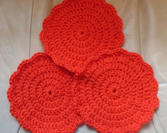 3 Mug Rugs Snack Mat Extra Large 8.5&quot; Coasters - Orange Double Strand Crochet - Washable Non Allergic Acrylic - Gift Hand Made USA Item 4617
