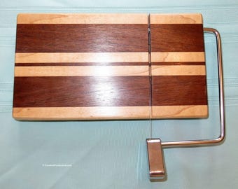 Cheese Slicing and Serving Board - Walnut and Maple Woods - Chrome Hardware - Wedding Anniversary Hostess Gift - Hand Made USA - Item 4976
