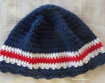 Cloche Hat - Chemo Cap - 23" to 25" Adult M-L-XL - Dark Blue White Red - Thinking Patriotic Bad Hair Day - Designed Made Gift USA Item 4291