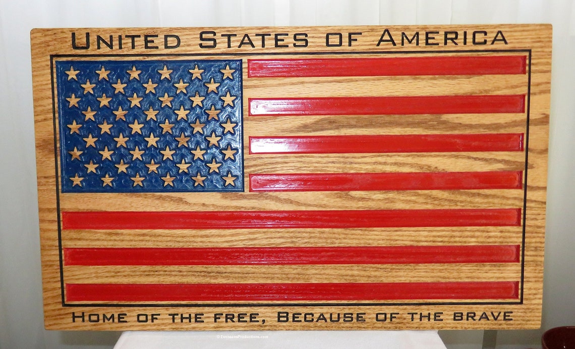 American Flag Engraved Oak Wood Wall Decor  image 0