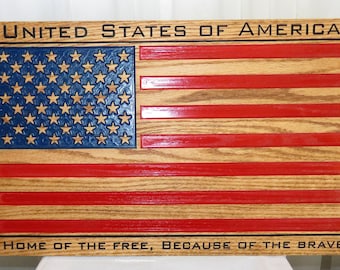 American Flag Engraved Oak Wood Wall Decor - 18.75"x11.25"x.75" Survivor Patriot Military First Responder Gift - Hand Made in USA Item 5180
