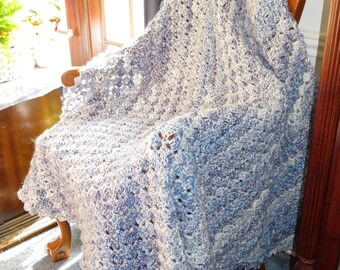 New Textured Blanket - Blues White Wool Blend Soft Fluffy Clouds in the Sky - Generous 46"x48" - Designed Hand Crocheted  Ohio USA Item 5731