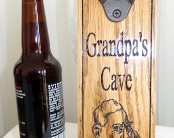 Bottle Opener - Wall Mount Oak Plaque Cast Iron - Grandpa's Cave Gift - Wedding Fifth Anniversary Retirement - Made USA Item 5027