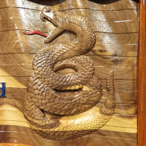 Don&#39;t Tread on Me - 3 Dimensional Engraved Walnut and Cherry Wood Flag Serpent Wall Decor Gift - 16&quot;x9.25&quot;x1&quot; Hand Crafted USA Item 5459