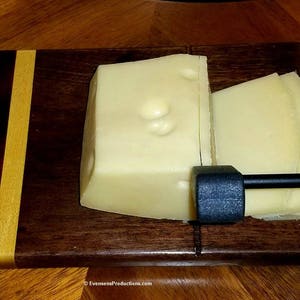 How it works - Cheese Slicing and Serving Board - Walnut and Maple Woods - Chrome Hardware - Wedding Anniversary Hostess Gift - Hand Made USA