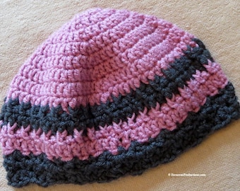 Cloche Hat - Chemo Cap - 20-22 Inch - Pink Crochet Cap Grey Textured Band - Reading Thinking Night Cap - Designed Made in USA - Item 4645