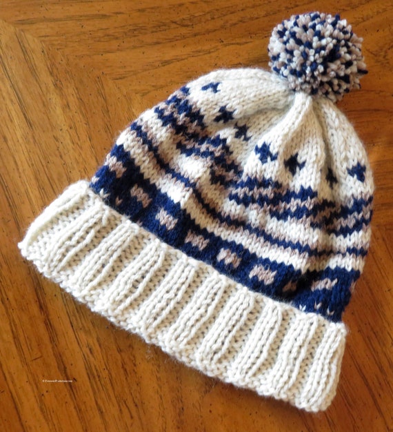 Nordic Hand Knit Intarsia Hat - White Blue Tan Wool Blend  display picture 3