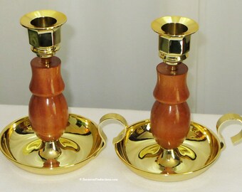 Polished Brass Hand Turned Quina Wood Candlestick Holders - One Pair Elegant Wedding Anniversary Gift - Hand Made USA Item 4692