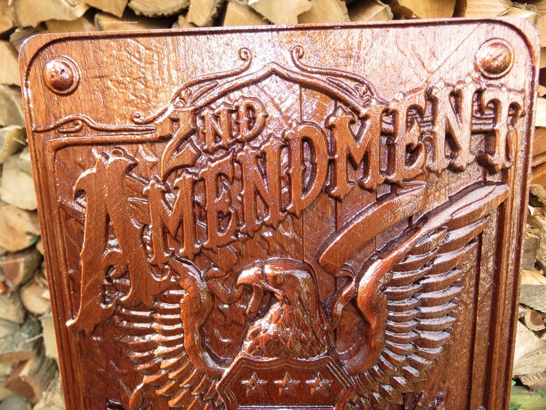 Second Amendment Engraved Wood Art - Walnut Wood 3 Dimension Wall Art Decor - Approx. 16" x 11" x 1.25" - Hand Crafted in the USA