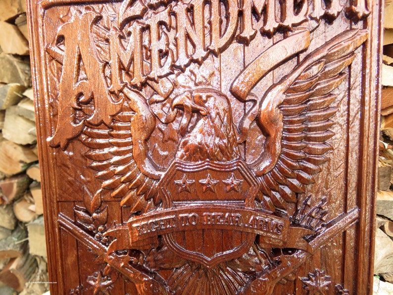 Second Amendment Engraved Wood Art - Walnut Wood 3 Dimension Wall Art Decor - Approx. 16" x 11" x 1.25" - Hand Crafted in the USA
