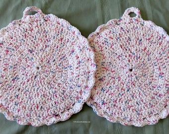 Two New Large Double Thick Pot Holders Mug Rugs Table Pads - White Pink Blue - 100% Cotton - 10.5" Fits Mens or Womens Hands- Item 5839