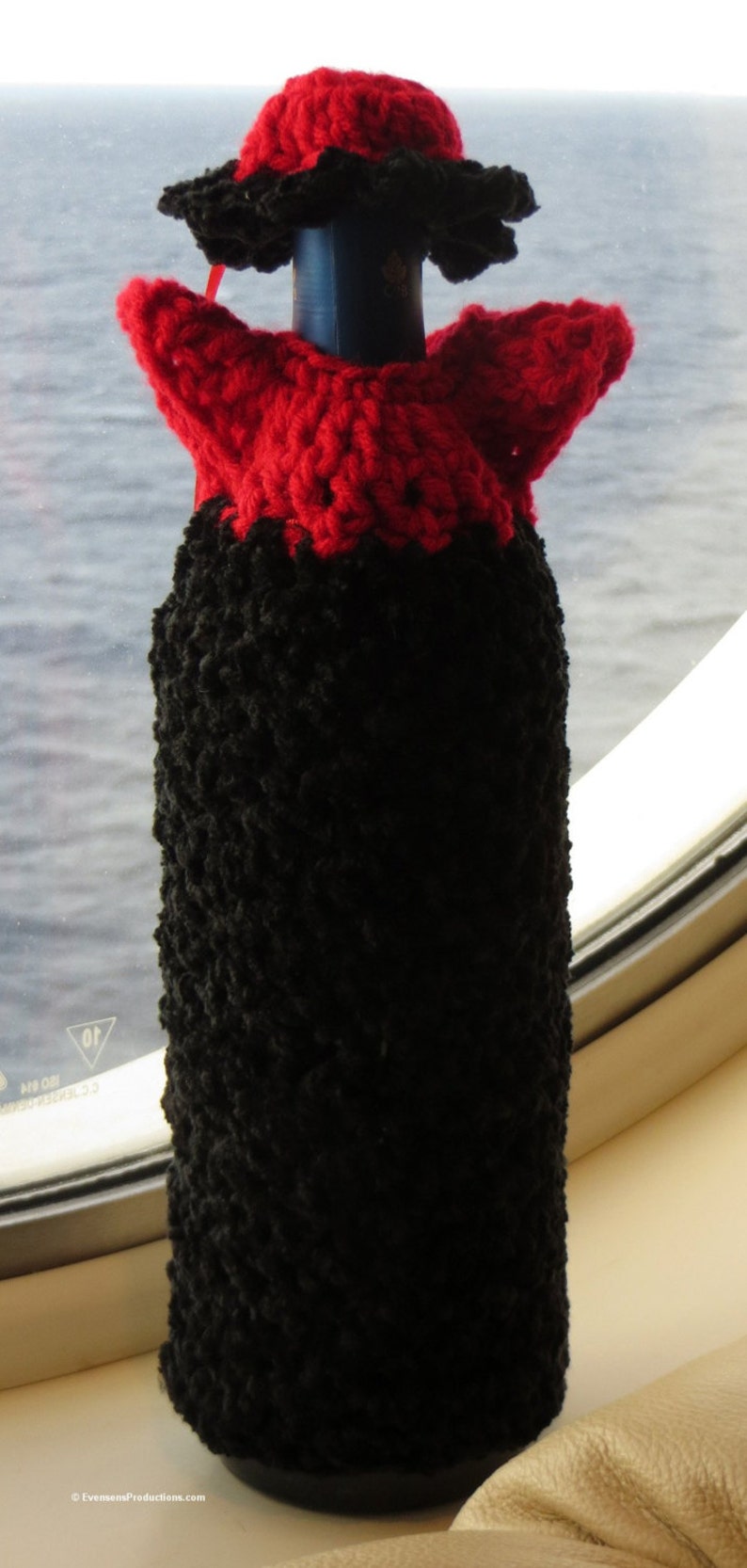 Wine Bottle Cover - Dress and Hat - Red and Black - Bottle Cozy Gift Bag Party Favor, Cincinnati Wedding Decor - Hand Made USA