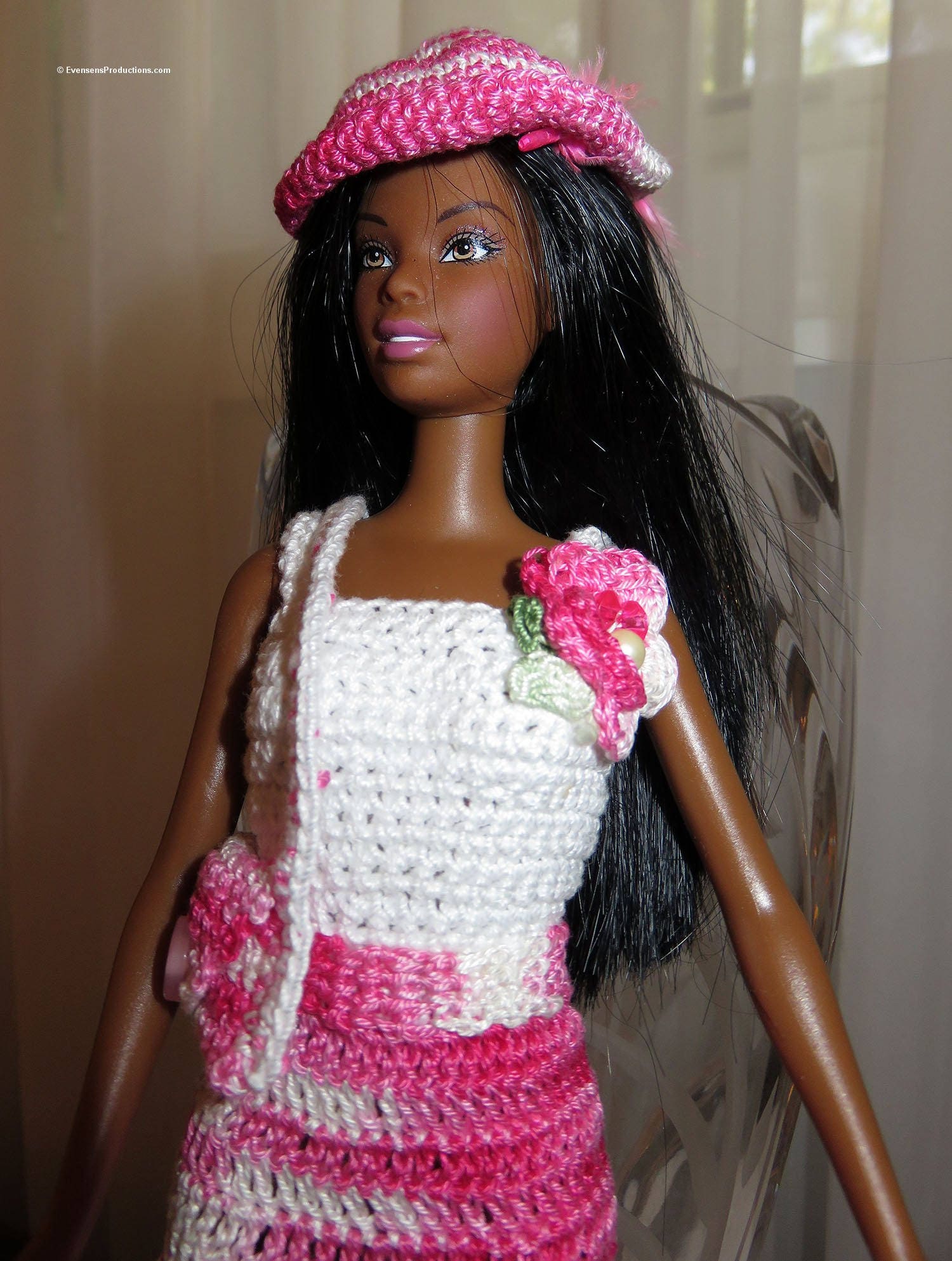 Fashion Doll Elegant in Pink - Includes Doll Dress Belt Shoes Hat Purse  - Original Crochet - Doll Collector Gift - Hand Made USA Item 3048